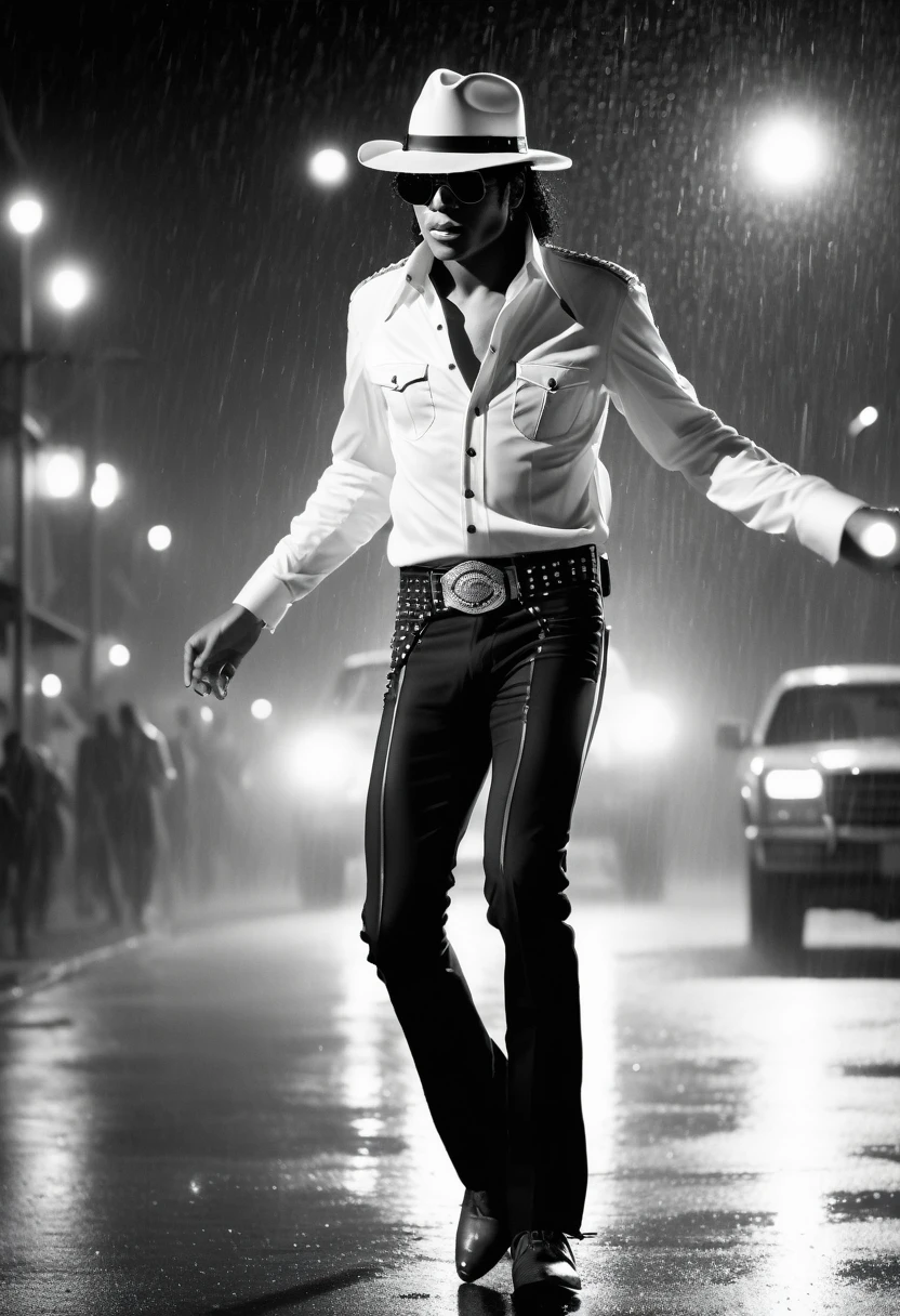 Cinematic footage, HD black and white wallpaper, focus, Michael Jackson in white cowboy hat and sunglasses dancing on empty street in the rain at night, spotlight lighting,