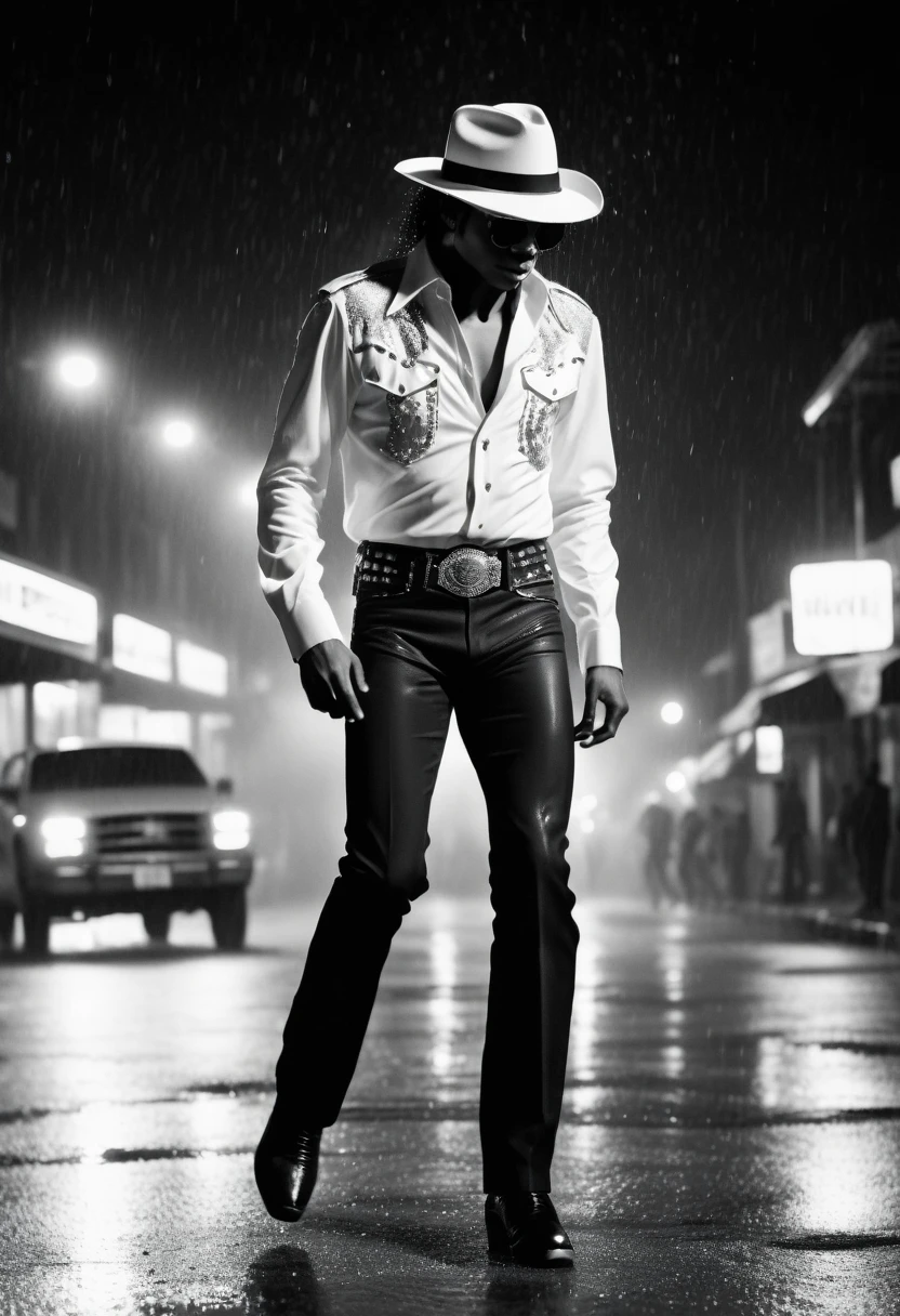 Cinematic footage, HD black and white wallpaper, focus, Michael Jackson in white cowboy hat and sunglasses dancing on empty street in the rain at night, spotlight lighting,