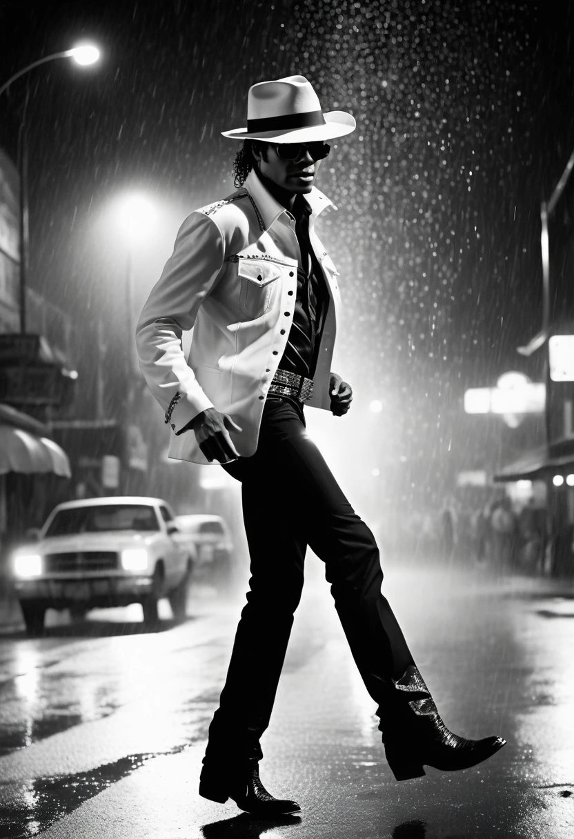 Cinematic footage, HD black and white wallpaper, focus, Michael Jackson in white cowboy hat and sunglasses dancing on empty street in the rain at night, spotlight lighting,