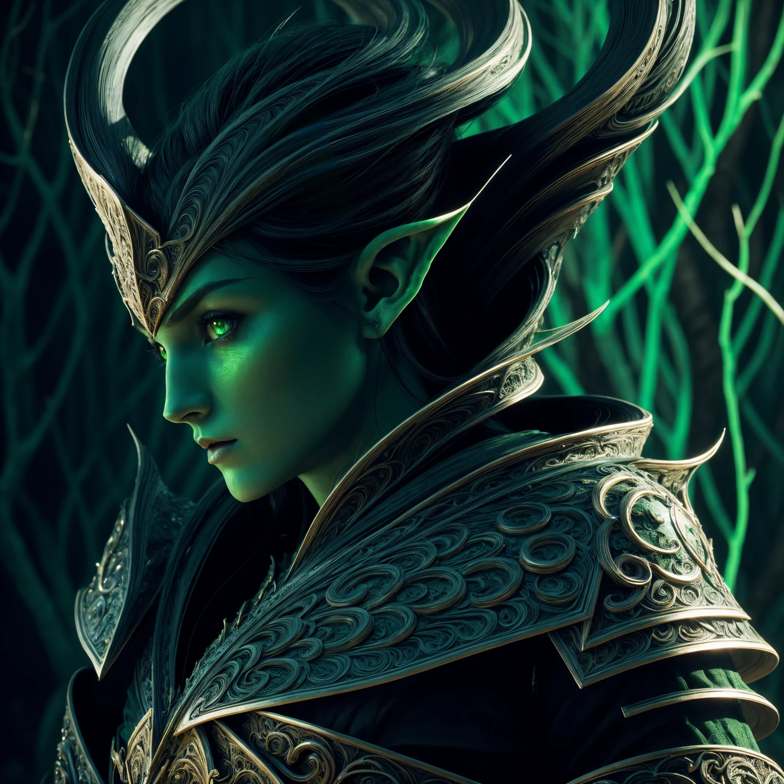 A beautiful forest elf, detailed face, beautiful body, black hair, wearing armor, green cloak, in the forest, 8K, extremely detailed, ultra-realistic, cinematic lighting, dramatic shadows, glowing eyes, vivid colors, intricate details, fantasy, concept art style