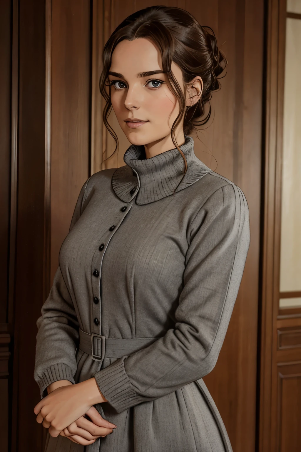 Elizabeth Woodley's lithe figure is modestly attired in a simple gray wool dress with a high collar and long sleeves, befitting her position as governess. Her chestnut hair is neatly parted in the middle and swept back into a low chignon, adorned with a plain black snood. Though her attire is unadorned, Elizabeth's natural beauty shines through in her warm hazel eyes and clear complexion. Her gentle demeanor is evident in her soft smile and graceful movements, while her intelligence gleams in her observant gaze. A small cameo brooch, her sole ornament, hints at her refined taste despite her humble circumstances.