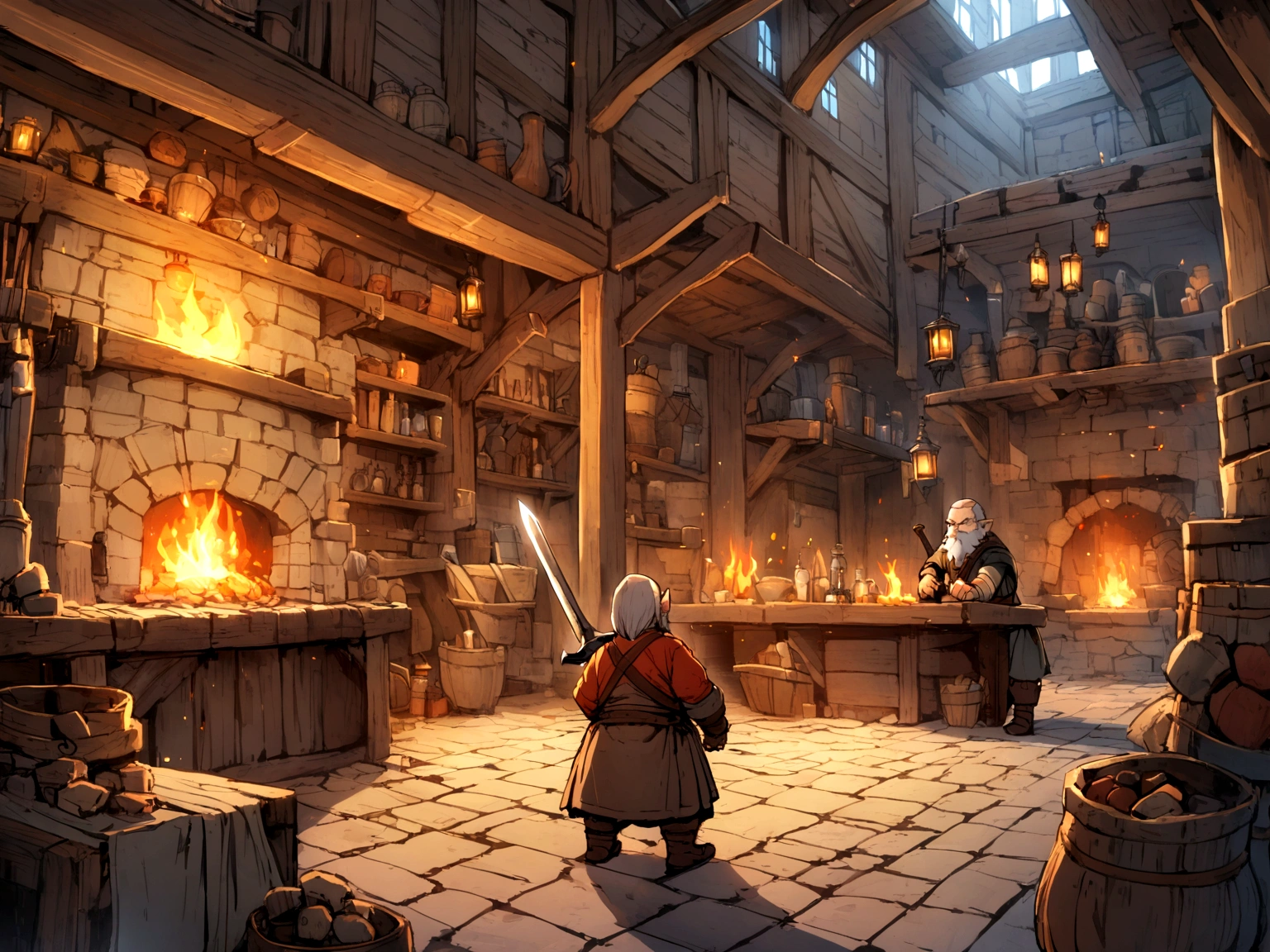 A dwarf forging a sword in a blacksmith shop