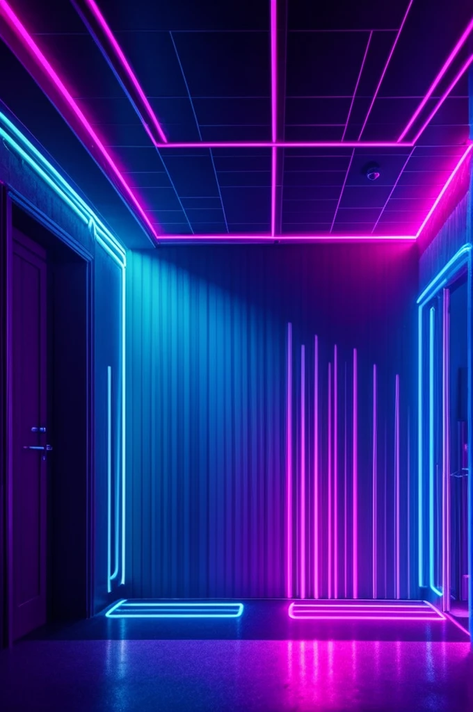 Neon night club with pink and blue lights, giving a dreamy vibe. The club is empty with no one there. The angle is facing a wall