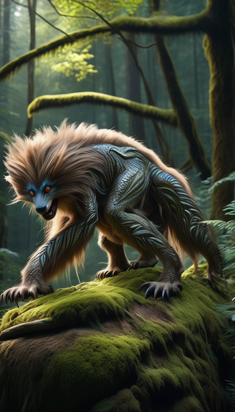 Panoramic front view,There is a creature in the forest,Human-like appearance,Covered with long hair(best quality,4K,8K,High level,masterpiece:1.2),Ultra Detailed,(lifelike,Photo real,Photo real:1.37),Highly detailed animals,Complex patterns,Realistic lighting,Fantasy Creatures