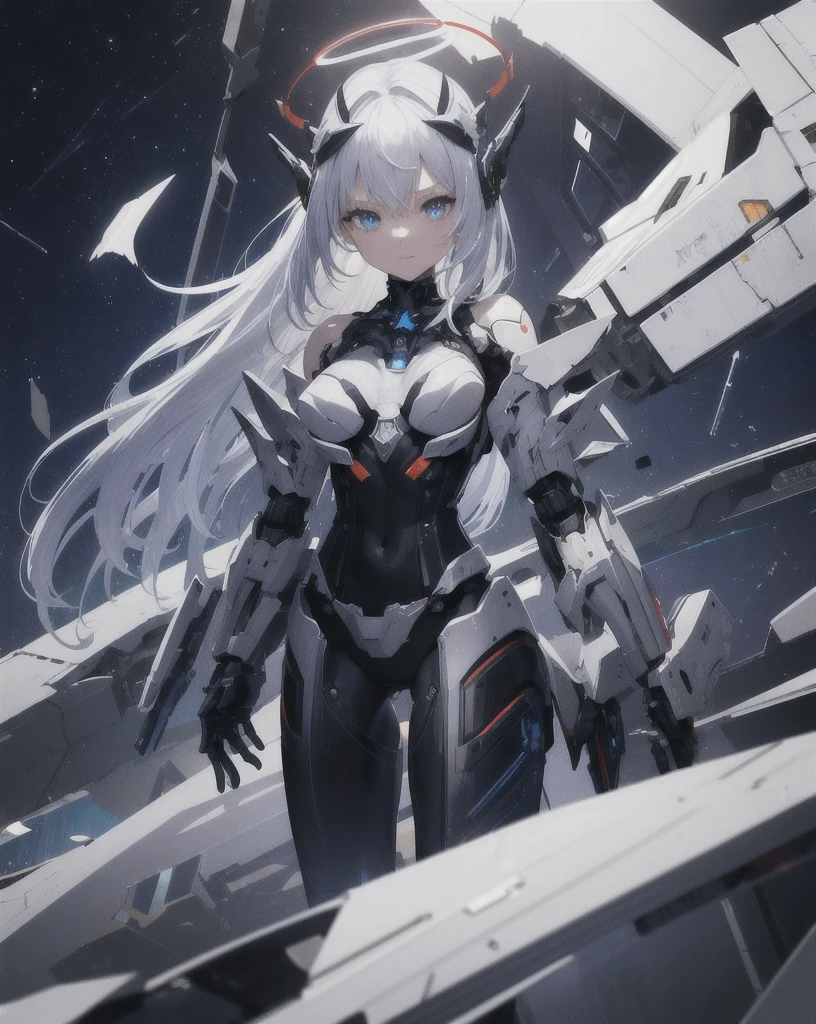 masterpiece,best quality,ultra-detailed,very detailed illustrations,extremely detailed,intricate details,highres,super complex details,extremely detailed 8k cg wallpaper,cowboy shot, caustics,reflection,ray tracing,demontheme,nebula,dark aura,cyber effect, (1girl:1.4),solo,alone,mecha musume,mechanical parts, robot joints,single mechanical arm, headgear, mechanical halo,star halo,intricate mechanical bodysuit, mecha corset, kimono, full armor, very long hair,white hair, hair between eyes, white and light blue hair, colored inner hair, blue eyes,glowing eye,random action, ancient japanese architecture,pond, starry sky,skyline,  Happy sexy face, damaged oversized white shirt over the mecha upper body, one black stoking, one white stoking, slim body, medium size breast, bare shoulders, bare legs, 