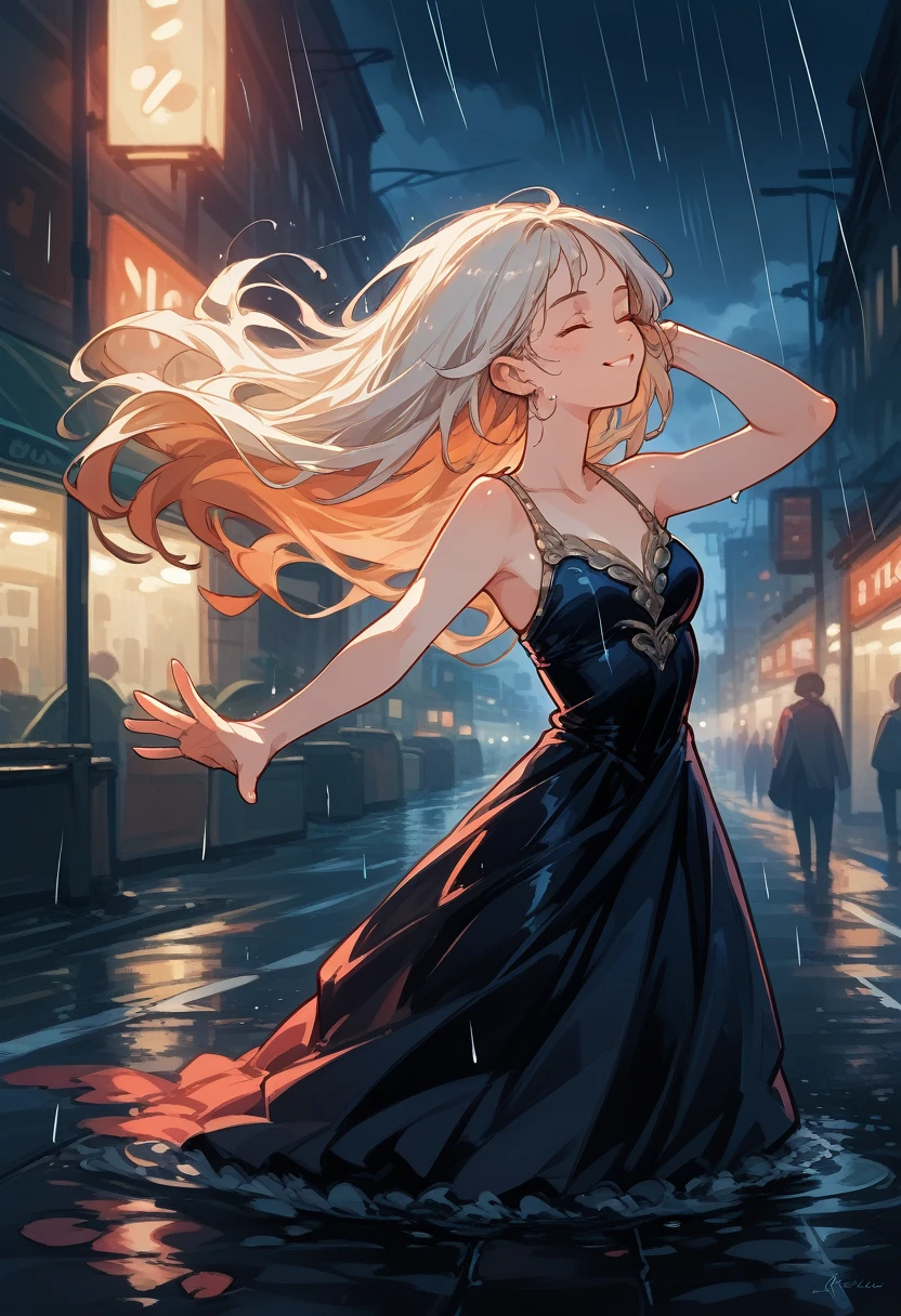 hyperrealistic, detailed, cinematic, 8k resolution illustration of a young, beautiful woman with flowing hair dancing in a rainy city street. She is wearing an elegant dress, smiling with her eyes closed, and her arms are outstretched,  She is carefree, and the neon lights reflect in puddles on the wet pavement, blurred, dramatic, with warm light from street lamps illuminating the raindrops,