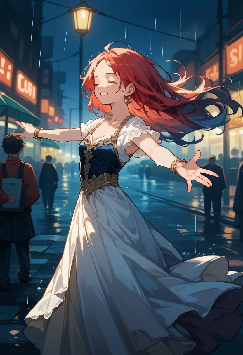 hyperrealistic, detailed, cinematic, 8k resolution illustration of a young, beautiful woman with flowing hair dancing in a rainy city street. She is wearing an elegant dress, smiling with her eyes closed, and her arms are outstretched,  She is carefree, and the neon lights reflect in puddles on the wet pavement, blurred, dramatic, with warm light from street lamps illuminating the raindrops,