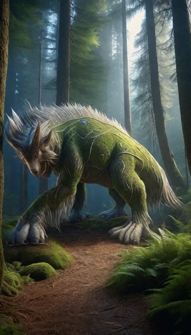 Panoramic front view，There is a creature in the forest，Human-like appearance，Covered with long hair（best quality，4K，8K，High level，masterpiece：1.2），Ultra Detailed，（lifelike，Photo real，Photo real：1.37），Highly detailed animals，Complex patterns，Realistic lighting，Fantasy Creatures