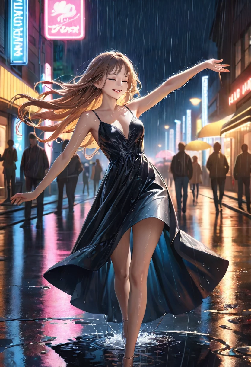 hyperrealistic, detailed, cinematic, 8k resolution illustration of a young, beautiful woman with flowing hair dancing in a rainy city street. She is wearing an elegant dress, smiling with her eyes closed, and her arms are outstretched, She is carefree, and the neon lights reflect in puddles on the wet pavement, blurred, dramatic, with warm light from street lamps illuminating the raindrops,