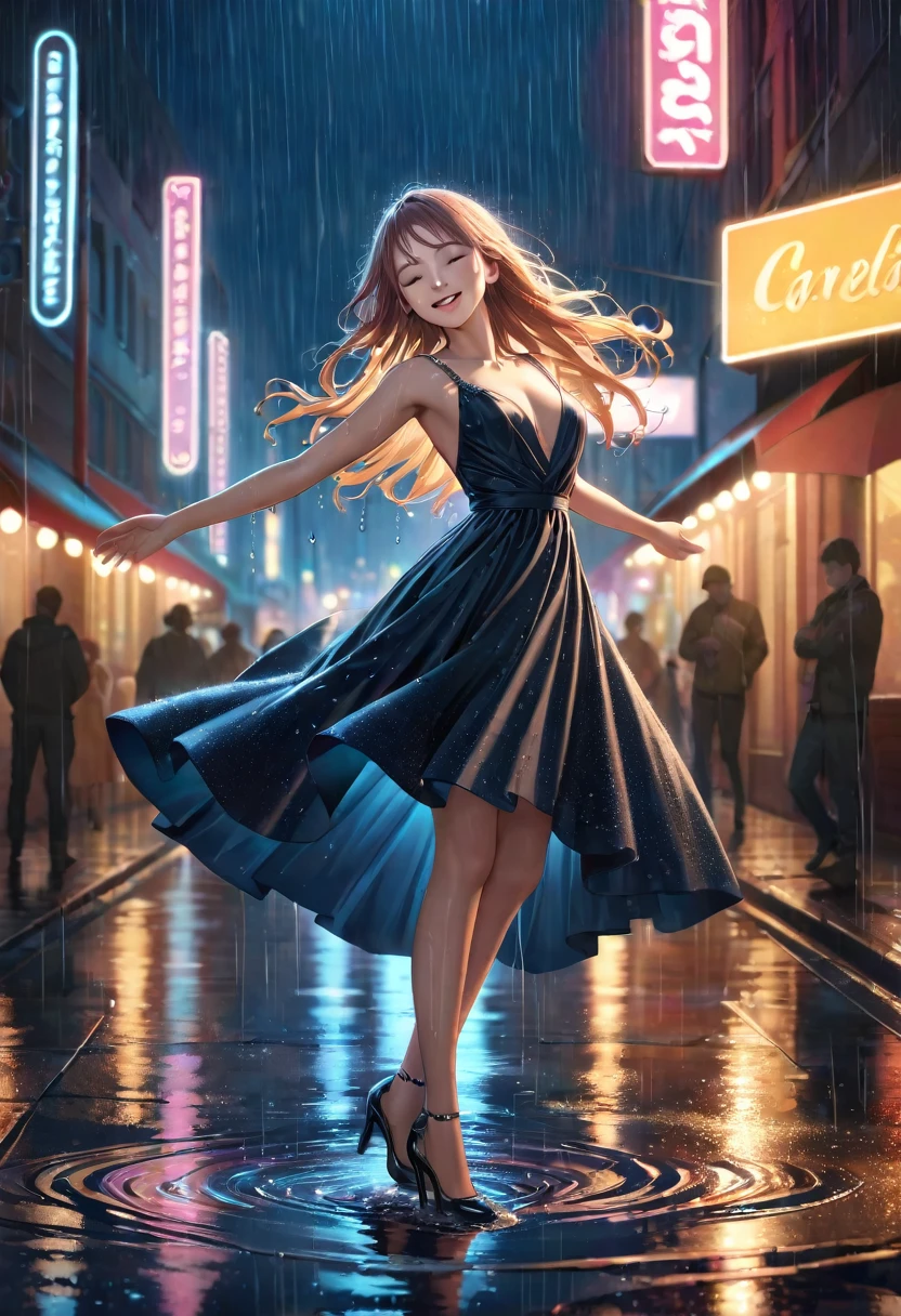 hyperrealistic, detailed, cinematic, 8k resolution illustration of a young, beautiful woman with flowing hair dancing in a rainy city street. She is wearing an elegant dress, smiling with her eyes closed, and her arms are outstretched,  She is carefree, and the neon lights reflect in puddles on the wet pavement, blurred, dramatic, with warm light from street lamps illuminating the raindrops,