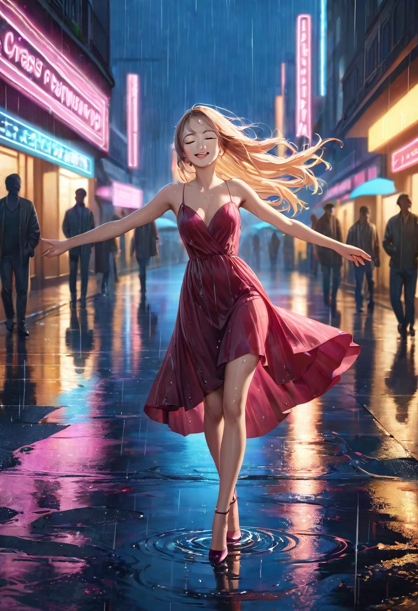 hyperrealistic, detailed, cinematic, 8k resolution illustration of a young, beautiful woman with flowing hair dancing in a rainy city street. She is wearing an elegant dress, smiling with her eyes closed, and her arms are outstretched, She is carefree, and the neon lights reflect in puddles on the wet pavement, blurred, dramatic, with warm light from street lamps illuminating the raindrops,