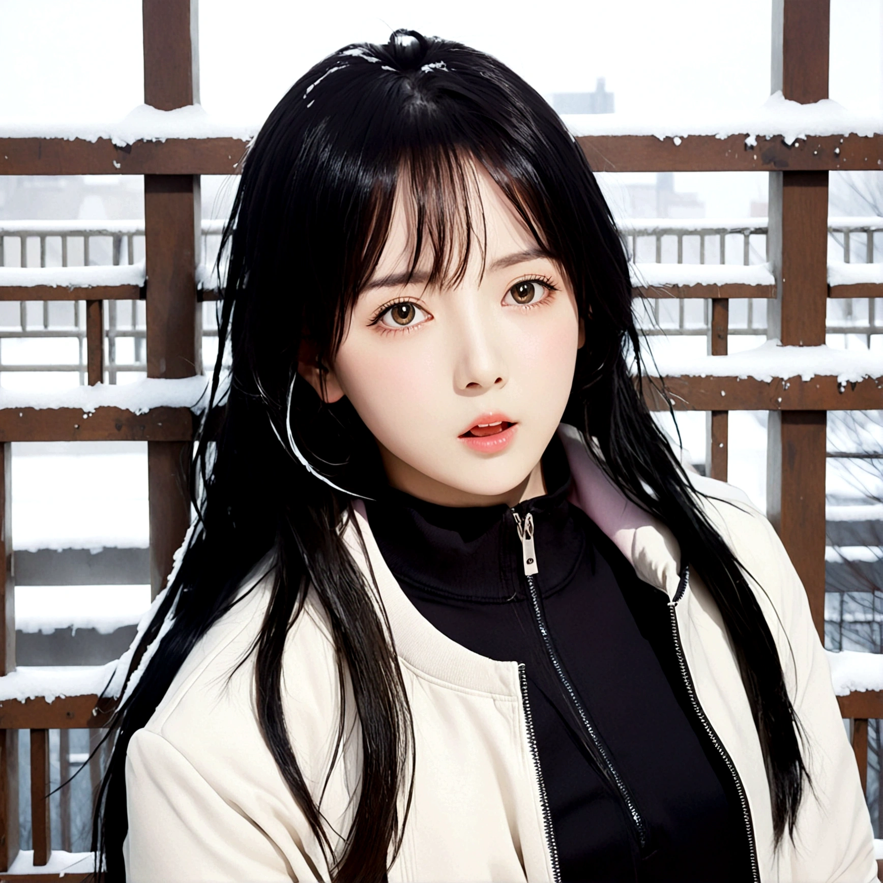 1girl, solo, long hair, looking at viewer, open mouth, bangs, black hair, brown eyes, jacket, upper body, outdoors, open clothes, coat, black shirt, snow, zipper, winter