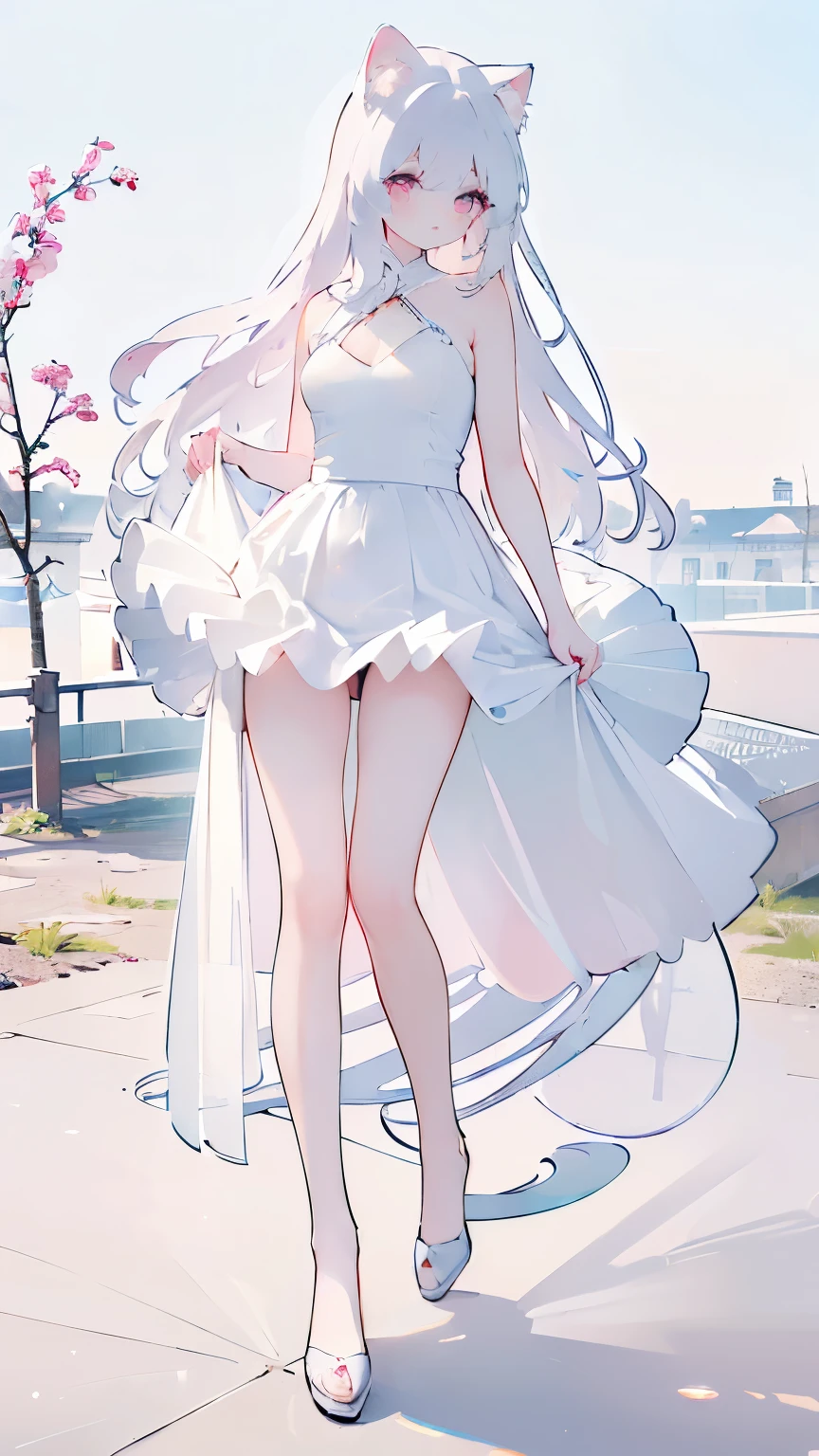 Tsundere 18 year old girl, beautiful and delicate eyes, beautiful lips, very detailed 눈과 얼굴, long eyelashes, 1girl, white cat ears, foot long bag, Front view, Red-eye, (top quality, 4K, 8K, high resolution, masterpiece:1.2), very detailed, (realistic인, realistic인, realistic인, realistic인, realistic: 1.37), very large breasts, elegant, fantasy, white background, T-panties , I can see my armpits,
