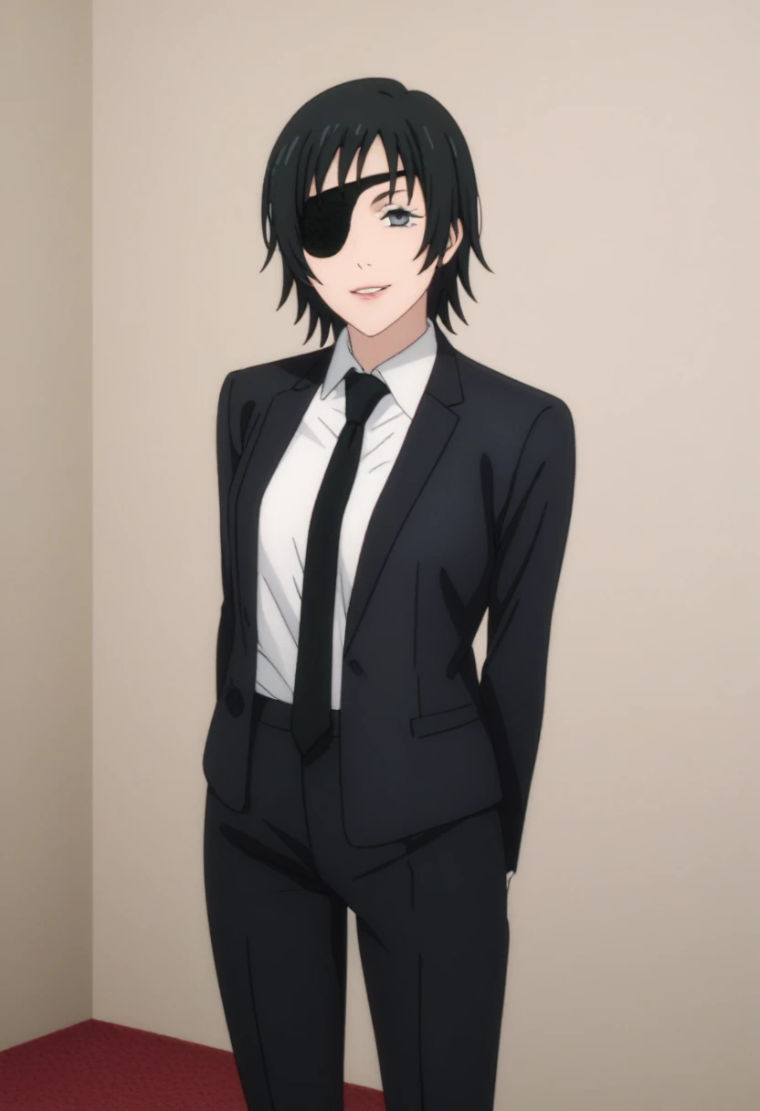 score_9_up, score_8_up, score_7_up, 1girl, solo, mature female, Himeo, black short hair, black eyes, right eye closed with eyepatch, pink lips, parted lips, fit slim body, perfect medium erected breast, (((black blazer, white shirt with black tie, black pants))), (((higly detailed modern luxury bedroom))), looking at the viewer, rose cheeks, naughty smile, seductive pose