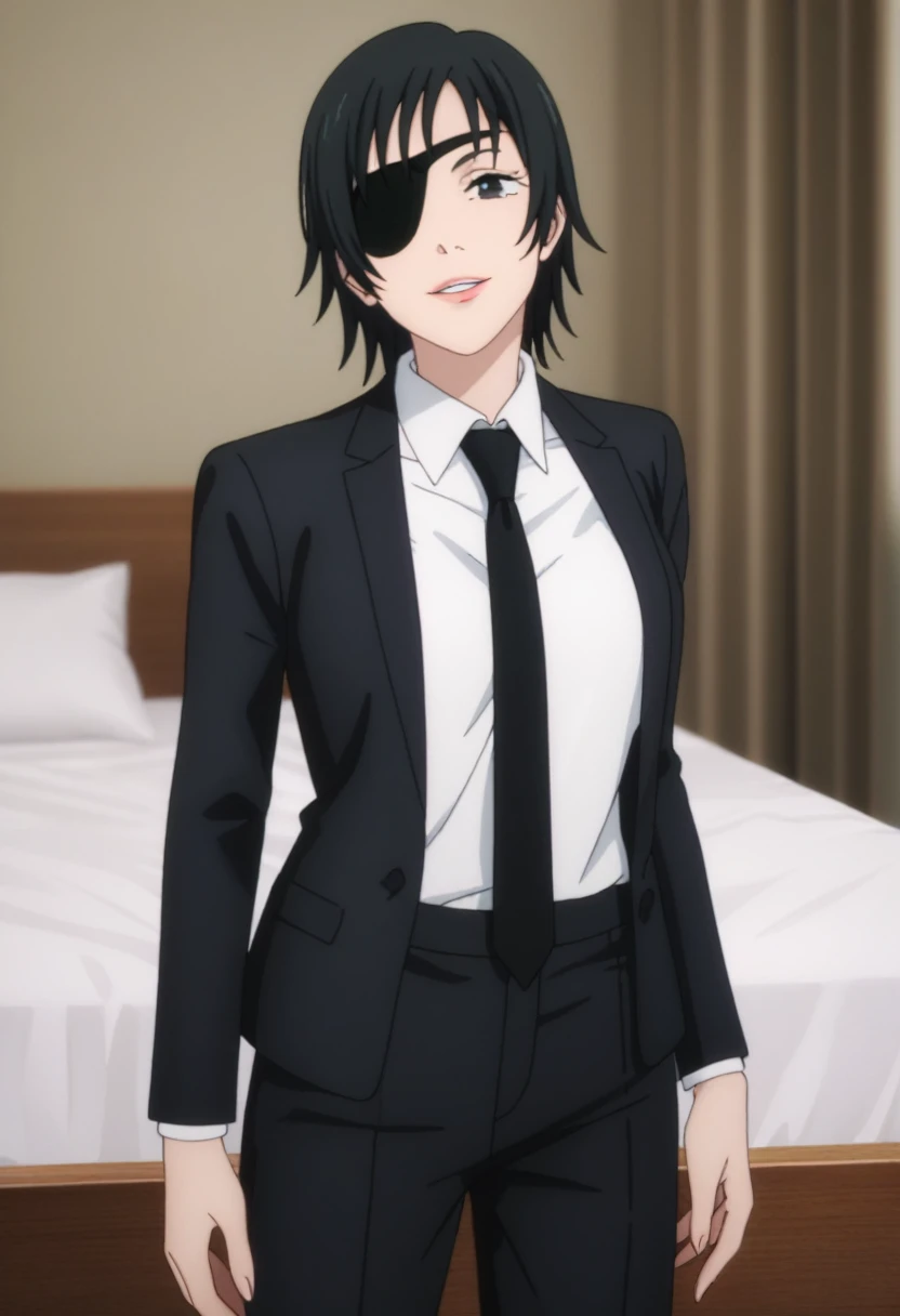 score_9_up, score_8_up, score_7_up, 1girl, solo, mature female, Himeo, black short hair, black eyes, right eye closed with eyepatch, pink lips, parted lips, fit slim body, perfect medium erected breast, (((black blazer, white shirt with black tie, black pants))), (((higly detailed modern luxury bedroom))), looking at the viewer, rose cheeks, naughty smile, seductive pose