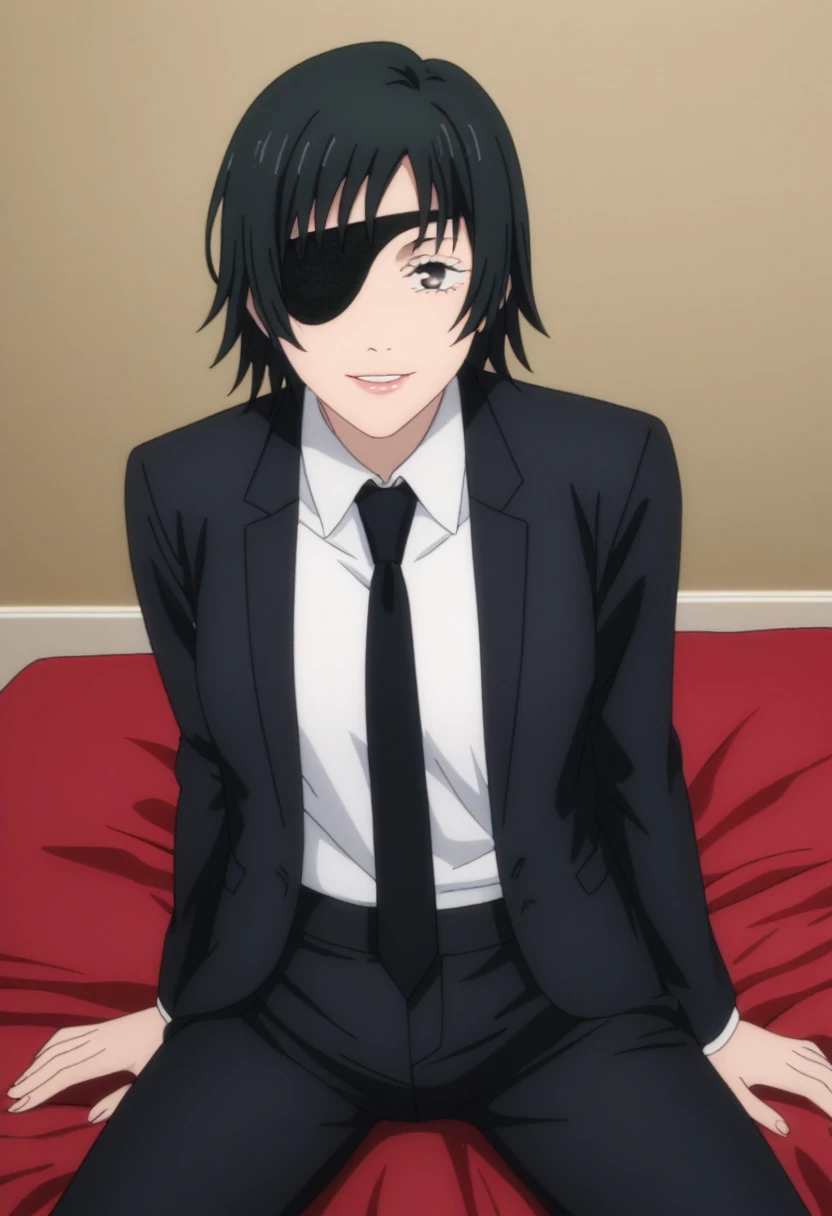 score_9_up, score_8_up, score_7_up, 1girl, solo, mature female, Himeo, black short hair, black eyes, right eye closed with eyepatch, pink lips, parted lips, fit slim body, perfect medium erected breast, (((black blazer, white shirt with black tie, black pants))), (((higly detailed modern luxury bedroom))), looking at the viewer, rose cheeks, naughty smile, seductive pose