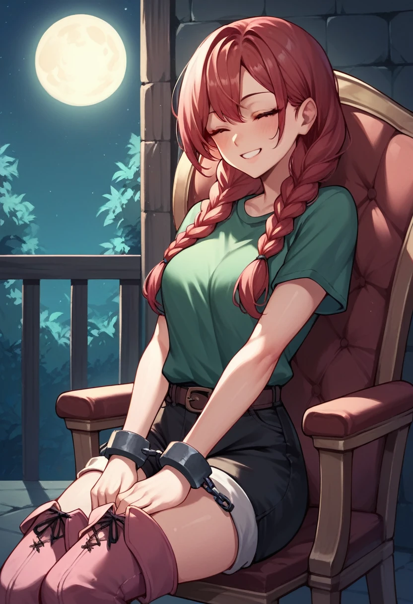 score_9, score_8_up, score_7_up, score_6_up, score_5_up, score_4_up, source_anime, 1woman, she sit on chair, smile, red hair, braids, close eyes, w-w-chain, shackles, put on wrist, hands, Hold your thighs, long hair, green shirt, shorts, thigh boots, pink boots, night, key dungeon, best quality, best res, 4K UHD,