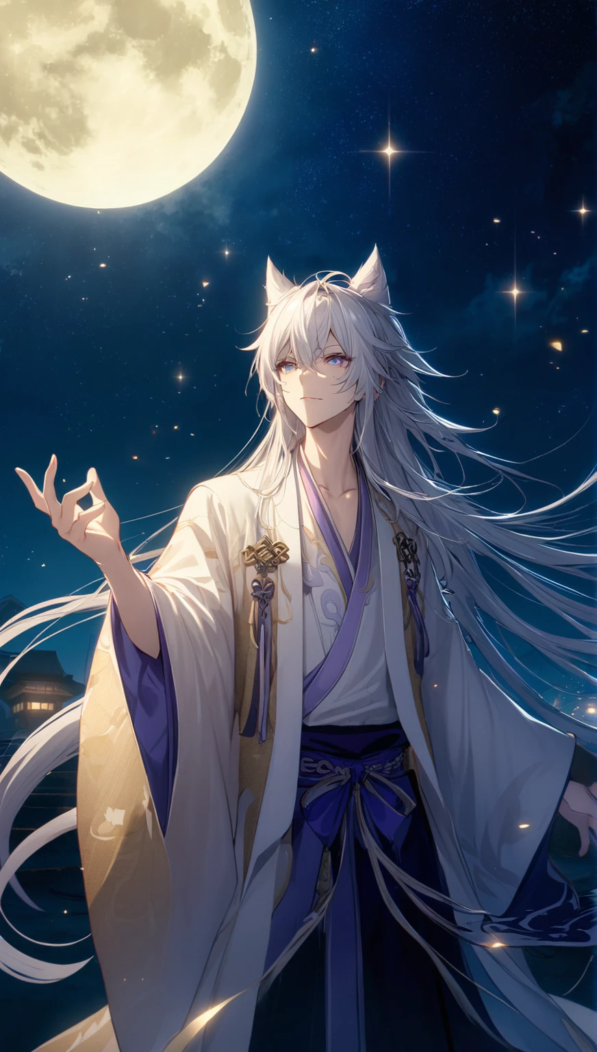 ((Highest quality)), ((masterpiece)), (Detailed face and eyes:1.2), Perfect Face,anime character miyabi of long white hair and blue eyes standing in front of a full moon, 白毛のFox, White-haired God, White Fox Anime, Flowing hair and long robes, of long white hair, Fox, Keqing of Genshin Impact, Flowing white robes, White long hair, Handsome Japanese Devil Boy, Haise Jinyao