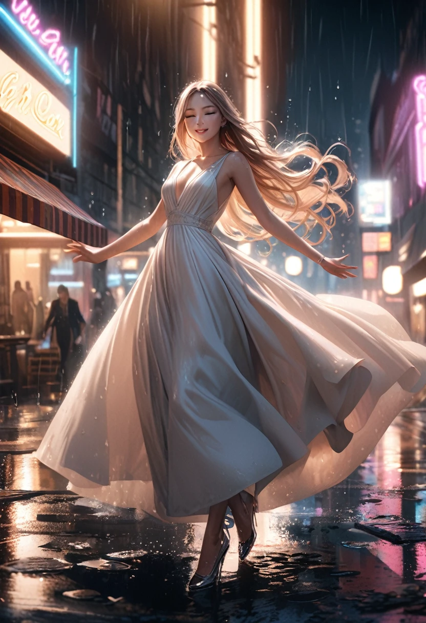 hyperrealistic, detailed, cinematic, 8k resolution illustration of a young, beautiful woman with flowing hair dancing in a rainy city street. She is wearing an elegant dress, smiling with her eyes closed, and her arms are outstretched, She is carefree, and the neon lights reflect in puddles on the wet pavement, blurred, dramatic, with warm light from street lamps illuminating the raindrops,