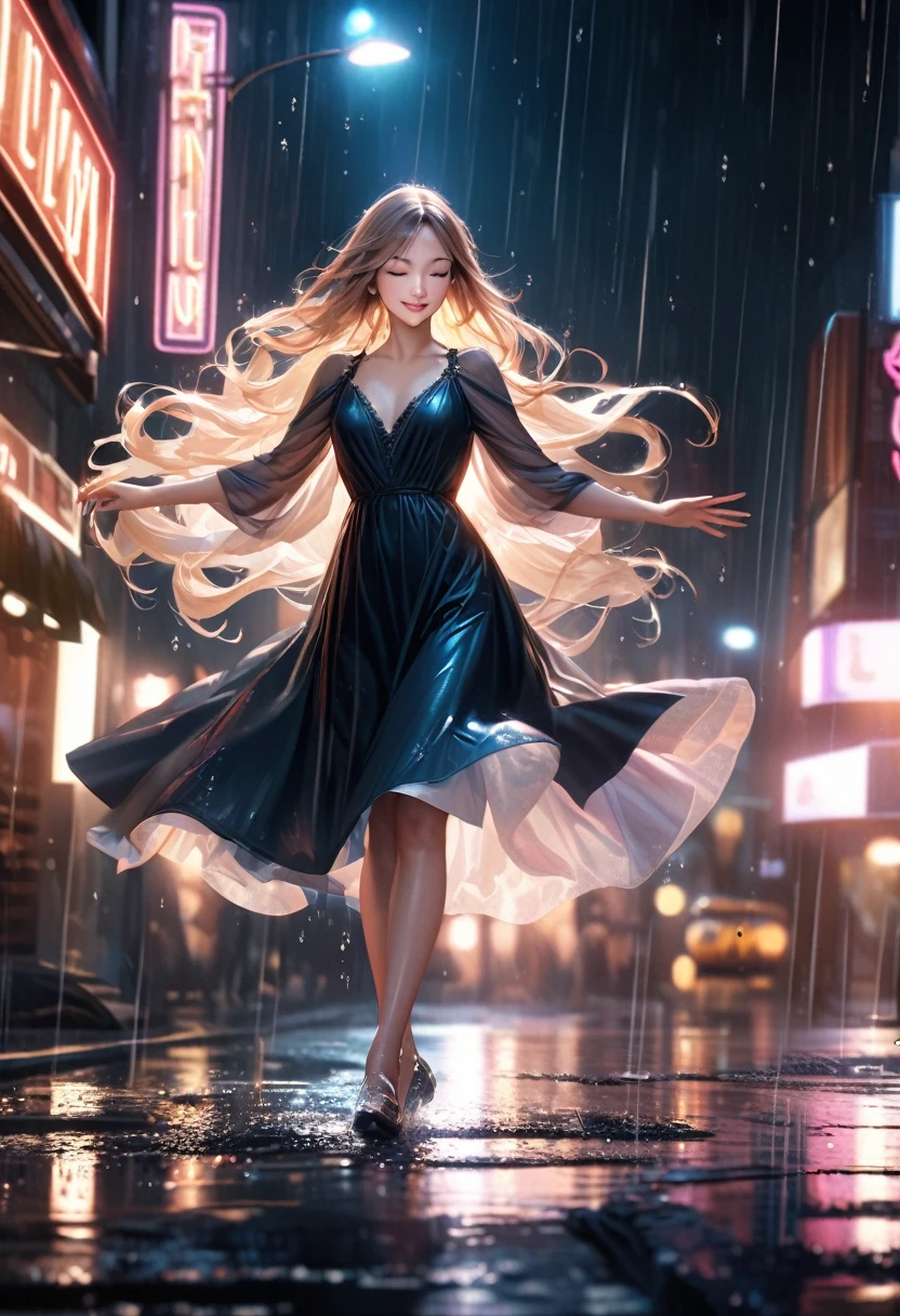 hyperrealistic, detailed, cinematic, 8k resolution illustration of a young, beautiful woman with flowing hair dancing in a rainy city street. She is wearing an elegant dress, smiling with her eyes closed, and her arms are outstretched,  She is carefree, and the neon lights reflect in puddles on the wet pavement, blurred, dramatic, with warm light from street lamps illuminating the raindrops,