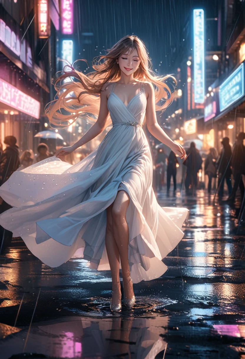hyperrealistic, detailed, cinematic, 8k resolution illustration of a young, beautiful woman with flowing hair dancing in a rainy city street. She is wearing an elegant dress, smiling with her eyes closed, and her arms are outstretched, She is carefree, and the neon lights reflect in puddles on the wet pavement, blurred, dramatic, with warm light from street lamps illuminating the raindrops,