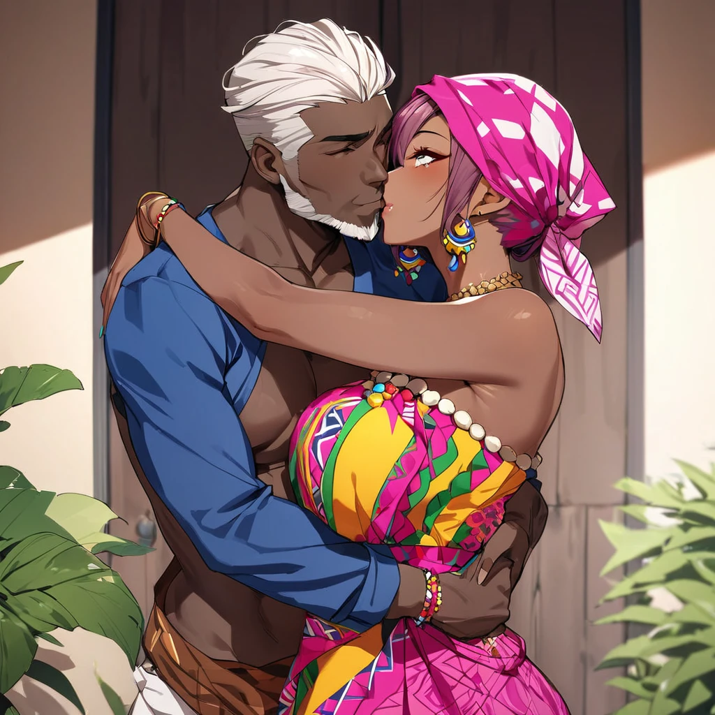 ((Highest quality)), ((masterpiece)), (detailed), (Perfect Face)、The woman is Momo Belia Deviluke, a Ghanaian by birth, with a vibrant dark skin, and is wearing a vibrant Ghanaian dress, a vibrant headscarf, gorgeous jewellery and an engagement ring.、The woman is the elegant Momo Belia Deviluke, with short pink bob hair, a colorful Ghanaian dress, a colorful headscarf, and vivid dark brown skin. She is a natural-born black and Ghanaian.、(The woman is a black Ghanaian with vivid dark brown skin.)、A woman is embracing and kissing a dignified, muscular, bearded, middle-aged Ghanaian man in a Ghanaian village.、The man is the woman's husband, a dignified, muscular, middle-aged Ghanaian with a beard, wearing colorful Ghanaian traditional clothing and wearing an engagement ring.