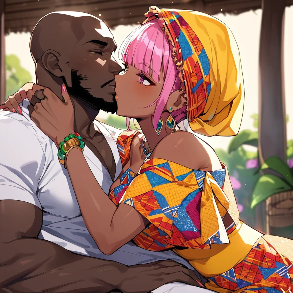 ((Highest quality)), ((masterpiece)), (detailed), （Perfect Face）、The woman is Momo Belia Deviluke, a Ghanaian by birth, with a vibrant dark skin, and is wearing a vibrant Ghanaian dress, a vibrant headscarf, gorgeous jewellery and an engagement ring.、The woman is the elegant Momo Belia Deviluke, with short pink bob hair, a colorful Ghanaian dress, a colorful headscarf, and vivid dark brown skin. She is a natural-born black and Ghanaian.、（The woman is a black Ghanaian with vivid dark brown skin.）、A woman is embracing and kissing a dignified, muscular, bearded, middle-aged Ghanaian man in a Ghanaian village.、The man is the woman&#39;s husband, a dignified, muscular, middle-aged Ghanaian with a beard, wearing colorful Ghanaian traditional clothing and wearing an engagement ring.