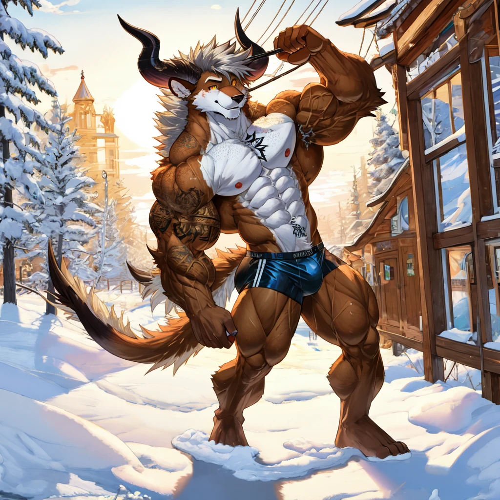 (masterpiece, Best quality:1.2),Final fantasy Behemoth  Boy, winter, body covered in light brown fur, Furry style, Muscle flex, sexual, horny, slender build wild ,full height,very short silver hair,freckles on the body and face,glowing amber eyes,defined muscles,sharp focus, friendly, in speedos, tatoo over biceps