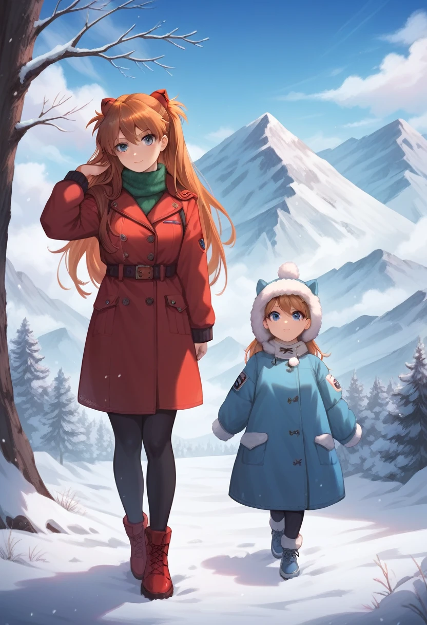 best quality, 4k, high resolution , anime girl , young girl, 24 years old, bangs, long hair, cute face, perfect shot, perfect ???????, detailed face, detailed eyes, snowy background , mountain range, snow man, tall girl , 2 girls, realistic, 4k , masterpiece , ilustration, digital art, full body, sohryu_asuka_langley, walking