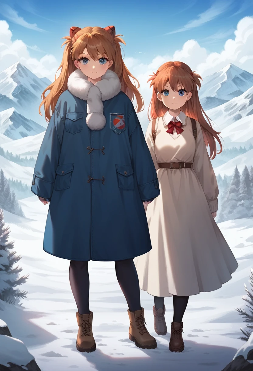 best quality, 4k, high resolution , anime girl , young girl, 24 years old, bangs, long hair, cute face, perfect shot, perfect anatomy, detailed face, detailed eyes, snowy background , mountain range, snow man, tall girl , 2 girls, realistic, 4k , masterpiece , ilustration, digital art, full body, sohryu_asuka_langley, walking