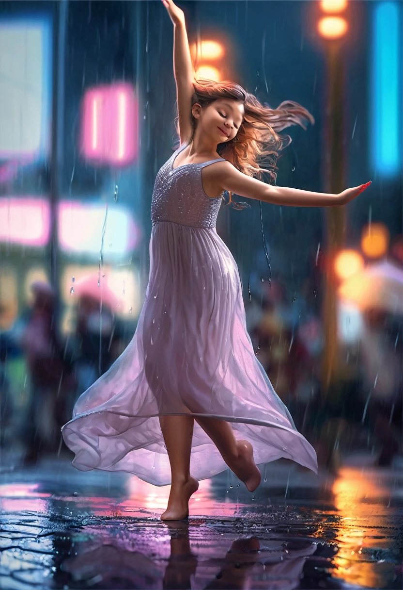hyperrealistic, detailed, cinematic, 8k resolution illustration of a young, beautiful woman with flowing hair dancing in a rainy city street. She is wearing an elegant dress, smiling with her eyes closed, and her arms are outstretched,  She is carefree, and the neon lights reflect in puddles on the wet pavement, blurred, dramatic, with warm light from street lamps illuminating the raindrops,