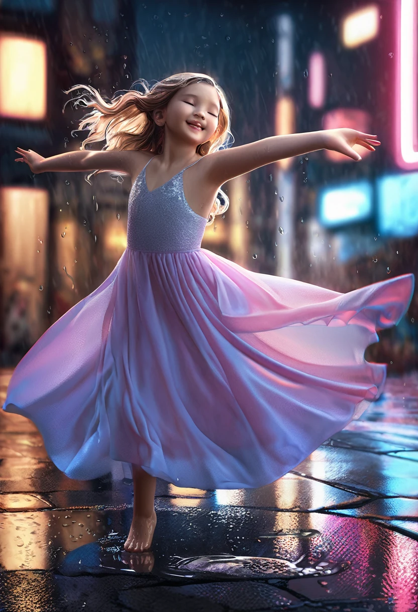 hyperrealistic, detailed, cinematic, 8k resolution illustration of a young, beautiful woman with flowing hair dancing in a rainy city street. She is wearing an elegant dress, smiling with her eyes closed, and her arms are outstretched, She is carefree, and the neon lights reflect in puddles on the wet pavement, blurred, dramatic, with warm light from street lamps illuminating the raindrops,