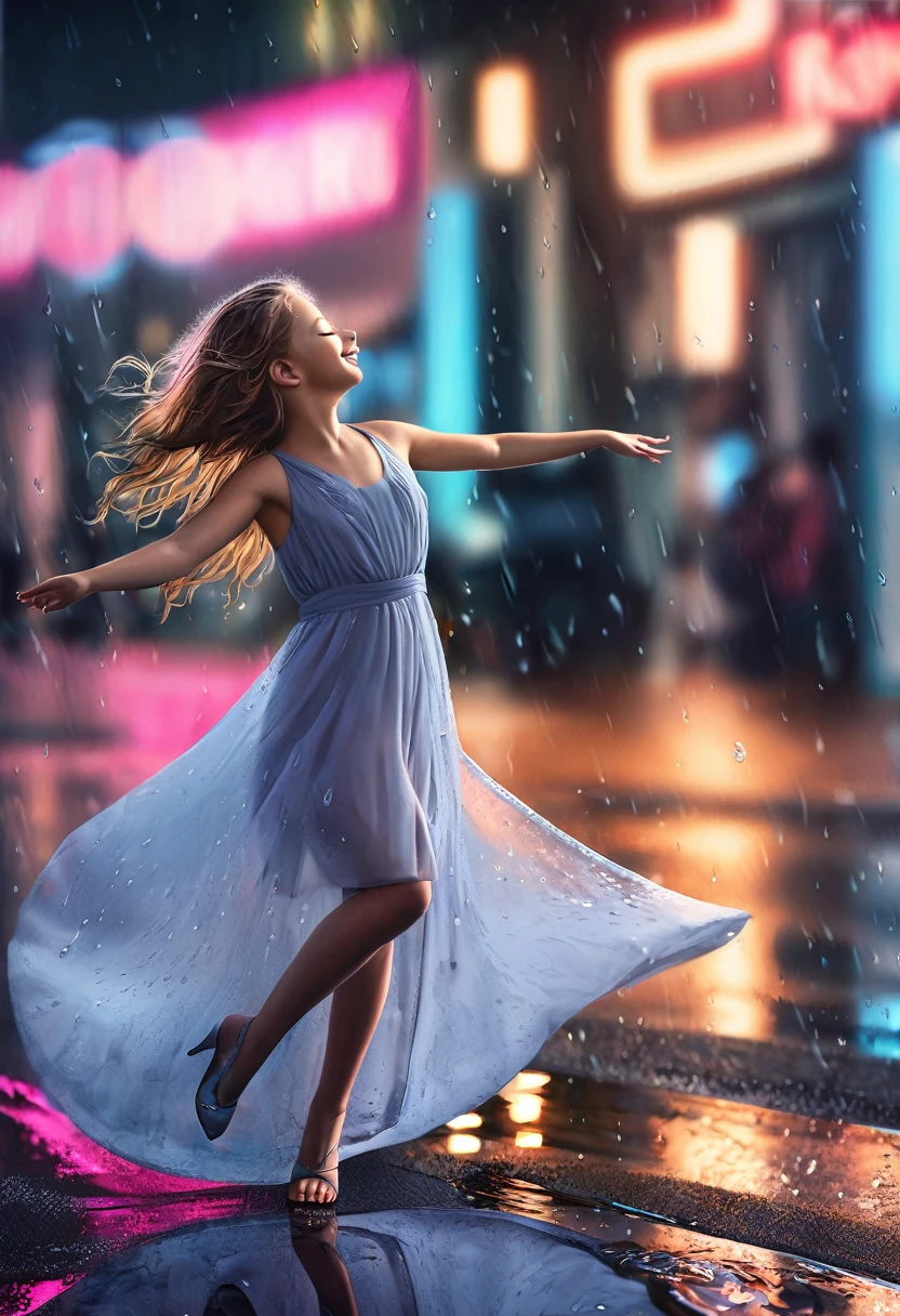 Vibrant, dynamic, carefree, joyful, mesmerizing, woman, dancing, rain, umbrella, city, night, streetlights, reflections, puddles, raindrops, mist, fog, soft, warm, golden, lighting, atmospheric, moody, cinematic, stunning, beautiful, captivating, enchanting, alluring, seductive, mysterious, dreamy, ethereal, whimsical, romantic, nostalgic, melancholic, introspective, emotive, expressive, artistic, creative, imaginative, vivid, colorful, detailed, realistic, high-quality, intricate, ornate, luxurious, refined, polished, sophisticated, 
