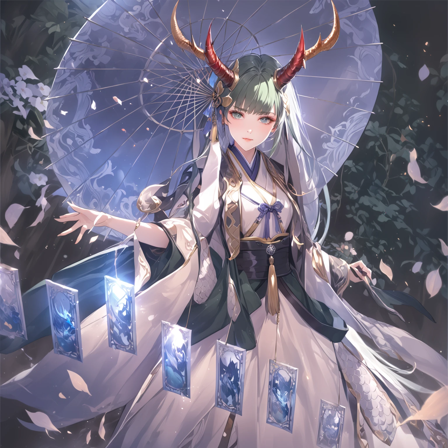 masterpiece, best quality, Fantasy aesthetics, Highly detailed, shadowverse style, female, japanese style, dark green hair, dragon horn