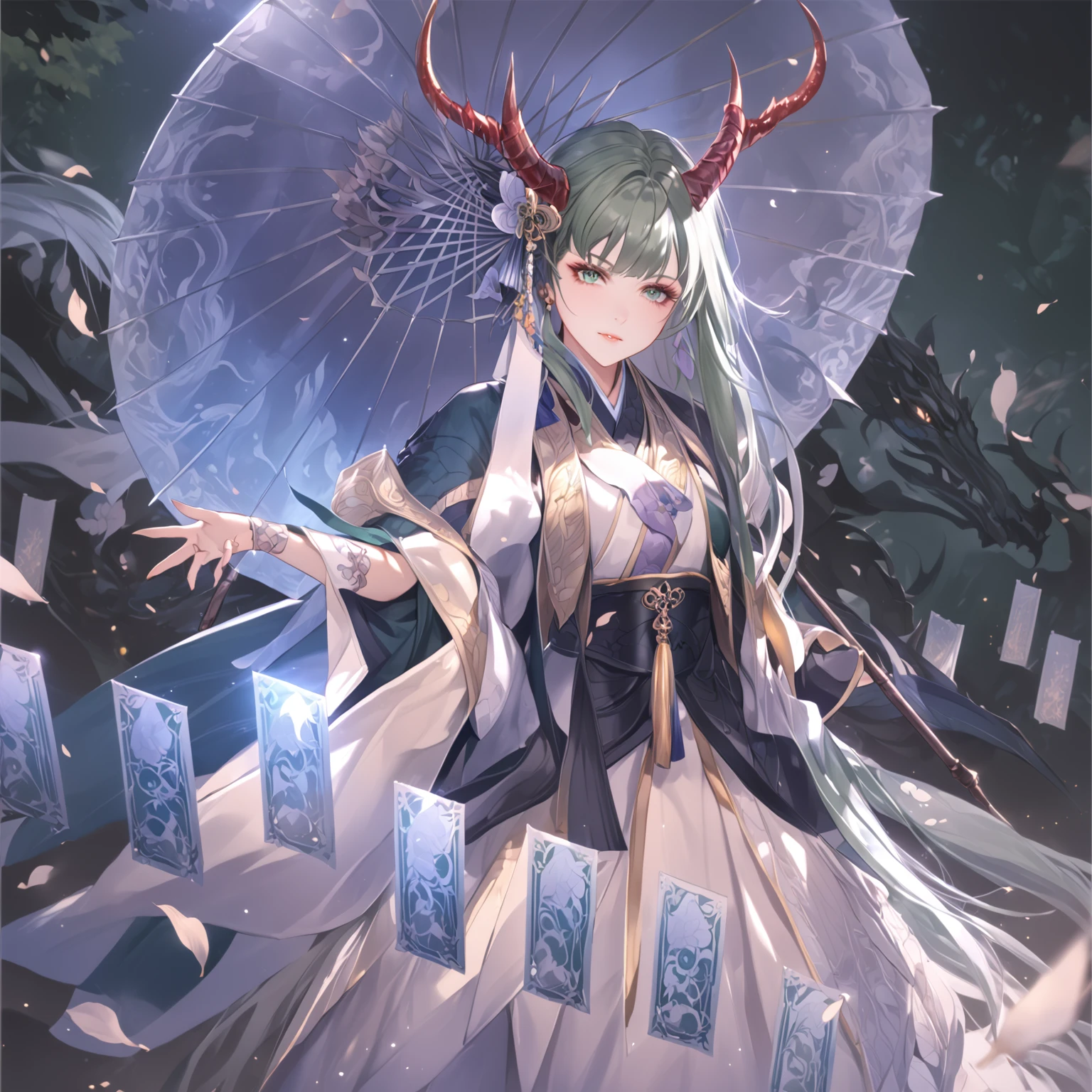 masterpiece, best quality, Fantasy aesthetics, Highly detailed, shadowverse style, female, japanese style, dark green hair, dragon horn