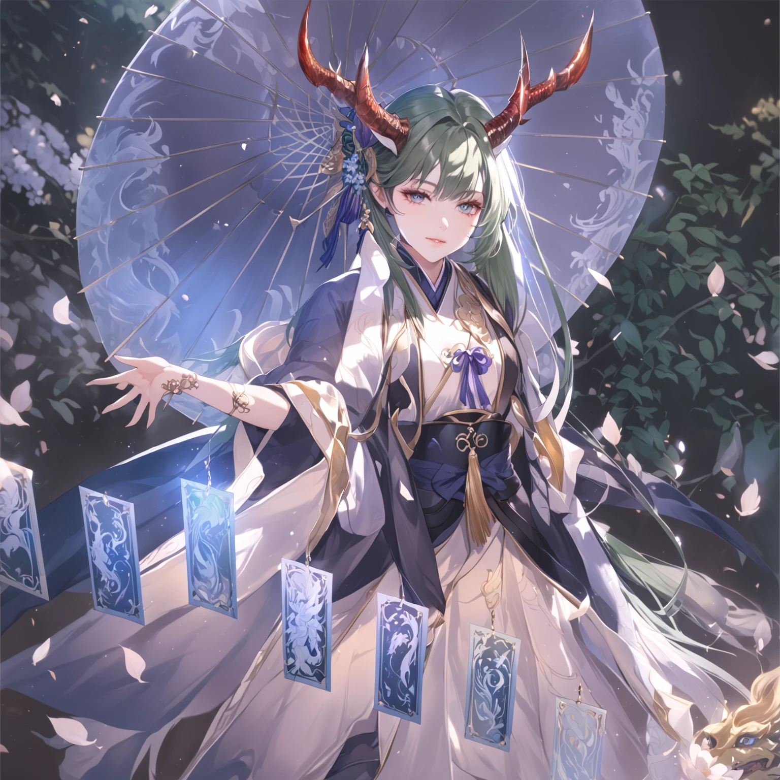 masterpiece, best quality, Fantasy aesthetics, Highly detailed, shadowverse style, female, japanese style, dark green hair, dragon horn