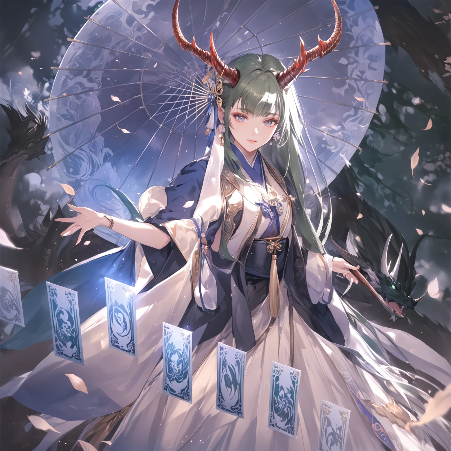 masterpiece, best quality, Fantasy aesthetics, Highly detailed, shadowverse style, female, japanese style, dark green hair, dragon horn