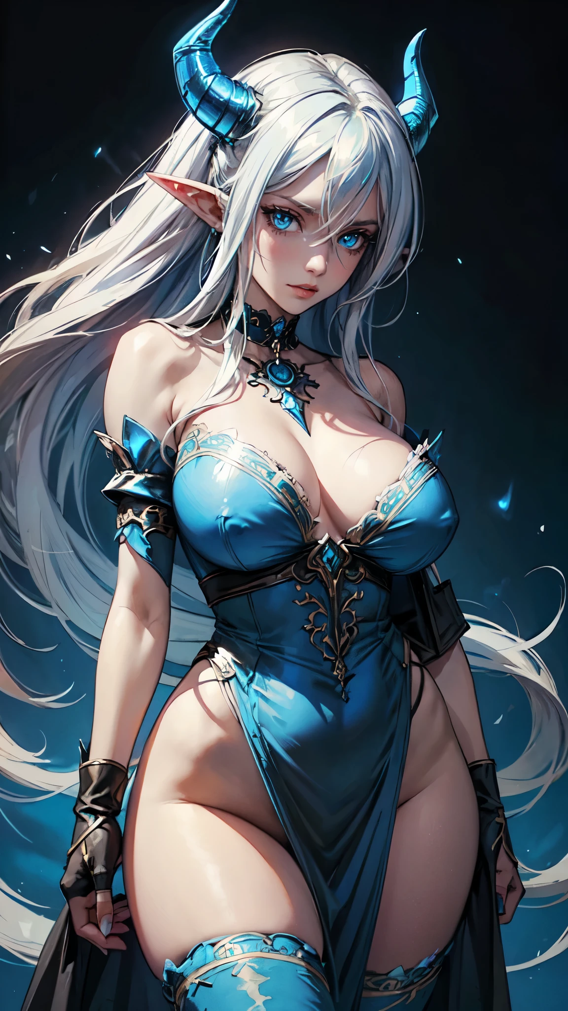 ((Sketch)), (Watercolor), 1girl, long white hair, messy hair, (four demon horns), demon tail, light blue eyes, beautiful eyes, pointy ears, detailed lips, smirk, choker, collarbone, bare shoulders, large breast, wide hips, (black revealing clothes with blue ornate), (long pelvic curtain), center opening, thigh gap, black fingerless gloves, (blue flames, blue fire background), hip dips, thick thighs, perky breasts,detailed eyes, detaield hands, detailed face, elf woman