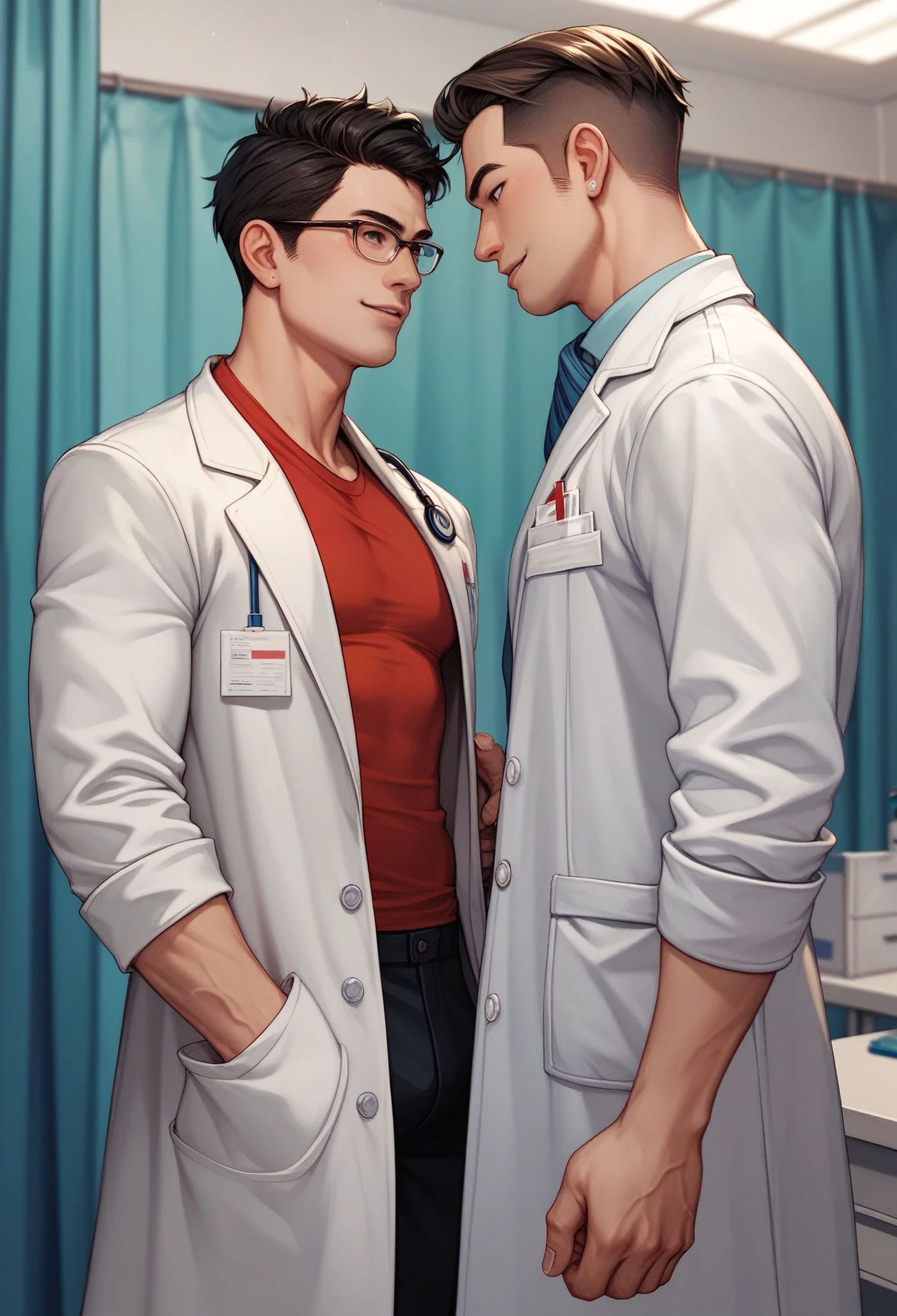 Two male( doctors ) having sex, nsfw, homoerotic , stethoscope,lab coat 