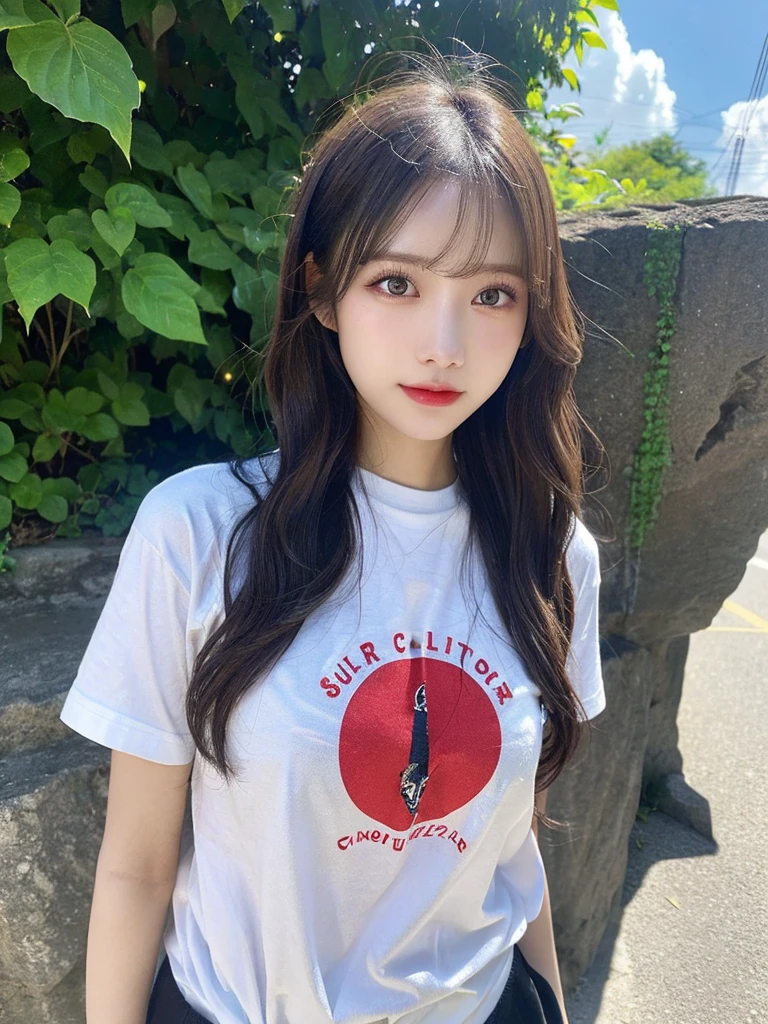 T-Shirts、(Highest quality,masterpiece:1.3,Ultra-high resolution,),(Super detailed,Caustics),(Realistic:1.4,RAW shooting,)Ultra-Realistic Capture,Very detailed,High resolution 16K suitable for human skin、 Natural skin texture、、The skin looks healthy、The color is also uniform..,One Woman,Japanese,,cute、(Written boundary depth、chromatic aberration、、Wide range of lighting、Natural Shading、)、Rock Band Festival、(Hair swaying in the wind:1.2)