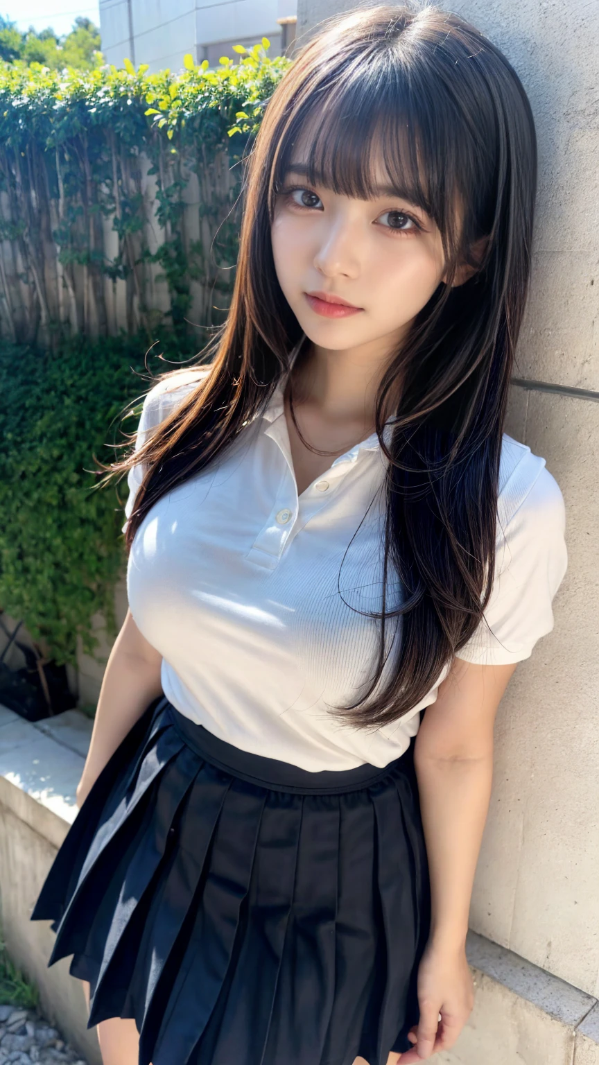 masterpiece, best quality, illustration, Super detailed, fine details, High resolution, 8K,wall paper, perfect dynamic composition, front view,full body, 18 year old girl, Gravure Idol, cute type, (Details High quality, realistic depiction of eyes:1.3), revealing clothes, large breasts, straight hair, bangs, black hair color, Big Natural Color Lip, perfect body shape, plump figure,polo shirt, pleated skirt, mini skirt