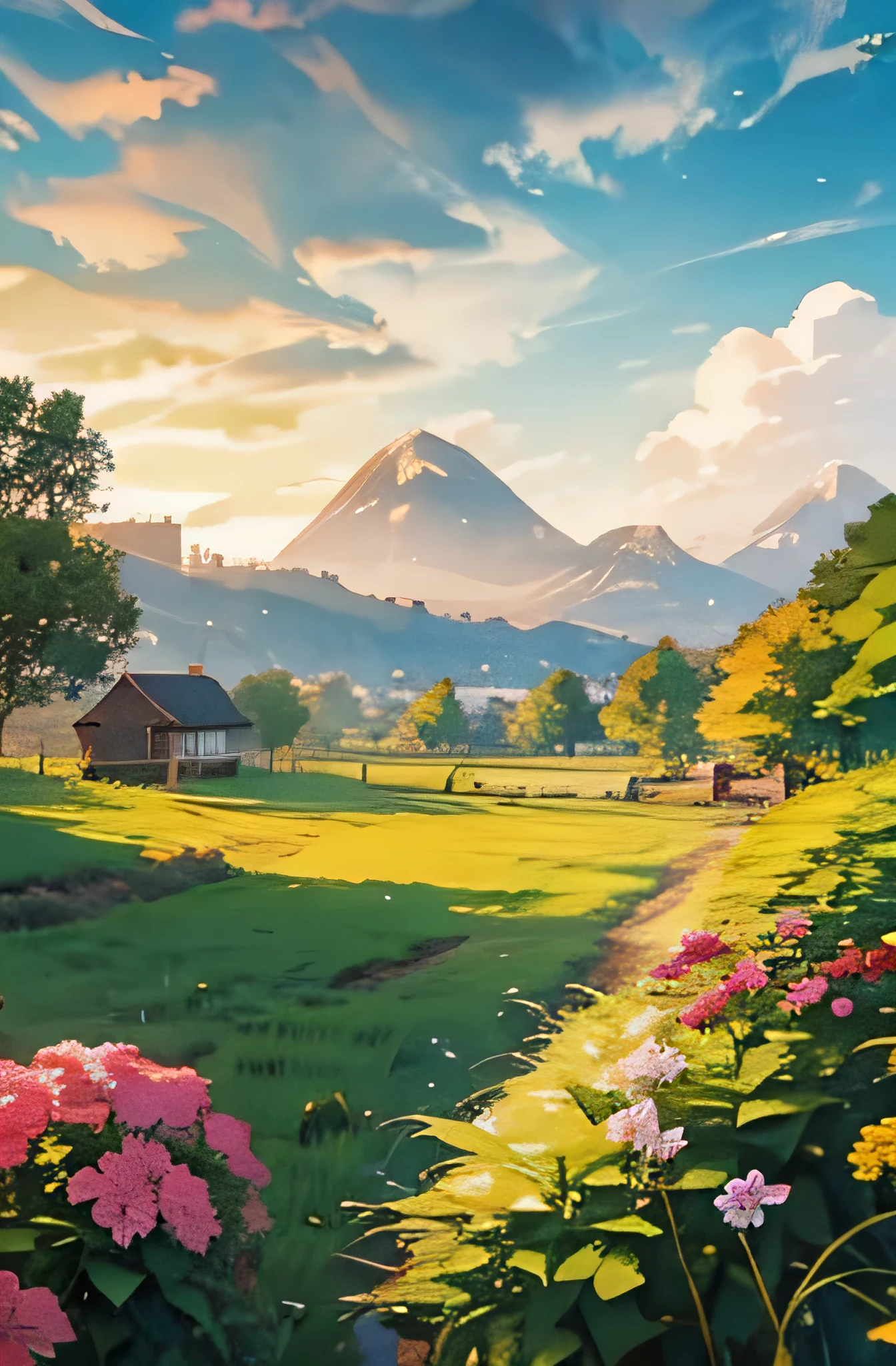 village, sky, cloudy, sunrise, beautiful houses, cute homes, ultra high details, green grass, flowers 
