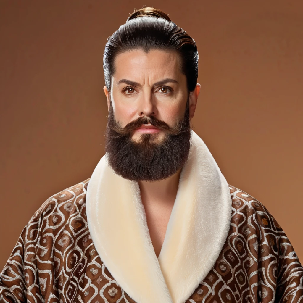 bearded lady with voluminous beard, brown eyes, wet brown hair slicked back, big nose, in dressing gown