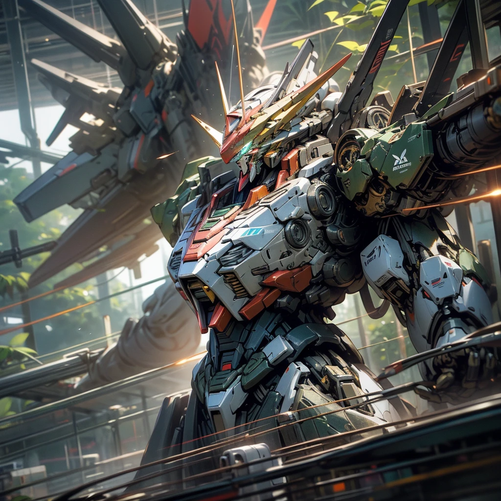 a highly detailed mecha gundam robot, surrounded by lush tropical malaysian jungle, massive futuristic weaponry, dynamic action pose, intricate mechanical details, glowing energy effects, cinematic lighting, dramatic sci-fi atmosphere, vibrant colors, photorealistic quality