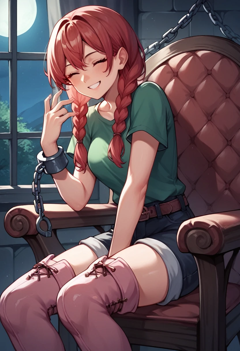 score_9, score_8_up, score_7_up, score_6_up, score_5_up, score_4_up, source_anime, 1woman, she sit on chair, smile, red hair, braids, close eyes, w-w-chain, shackles, put on wrist, hands, show woman in shackles, long hair, green shirt, shorts, thigh boots, pink boots, night, key dungeon, best quality, best res, 4K UHD,
 