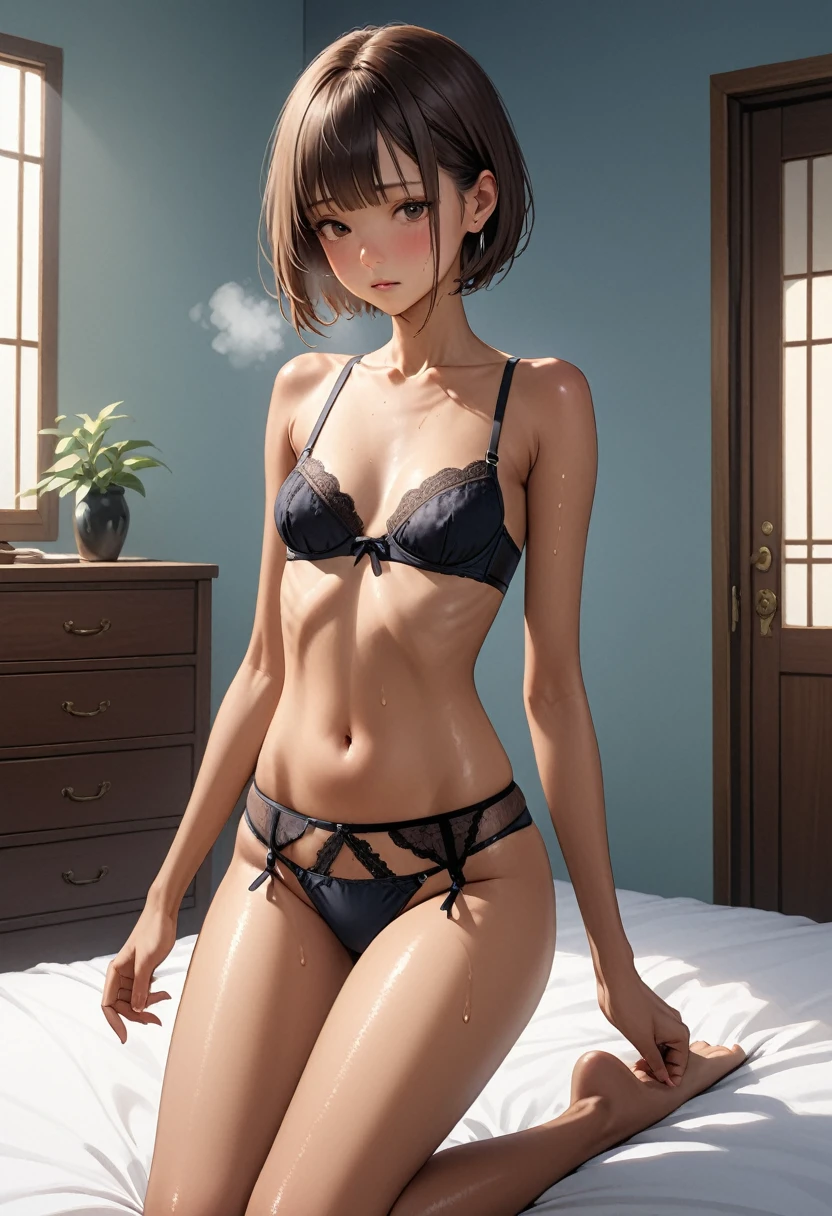 (masterpiece,Highest quality:1.3,best quality illustration),realistic,cowboy shot,1woman,30 year old Japanese beauty,((very small head:1.3)),short bob hair,brown hair,bangs,brown eyes,gorgeous eyes,shy,Heavy breathing、small breasts,((very long body:1.4)),((toned body,slender body,skinny,tan skin)),(Black Bra、navel、Black panties、garter belt),gleaming skin,shiny skin,sweat:1.3,kneeling,Simple bed、Simple bedroom、