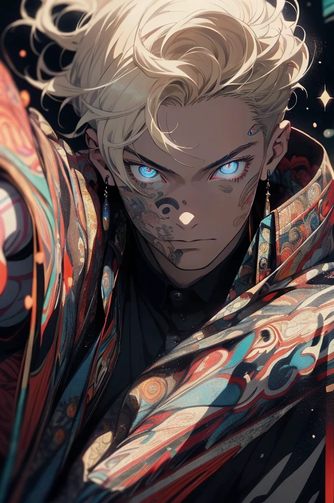 Realistic, (Masterpiece, Top Quality, Best Quality, Official Art, Beauty and Aesthetics: 1.2), Very Detailed, Fractal Art, Colorful, Most Detailed, Zentangle, (Abstract Background: 1.5) (1boy: 1.3), God, Blonde Hair, Short Hair, (Glowing Blue Eyes), Mysterious, (Magic), Starry Sky, Handsome Man, (((Lycoris radiata)))