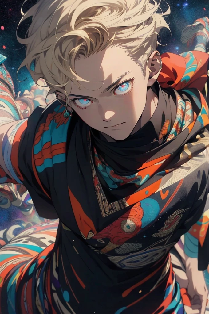 Realistic, (Masterpiece, Top Quality, Best Quality, Official Art, Beauty and Aesthetics: 1.2), Very Detailed, Fractal Art, Colorful, Most Detailed, Zentangle, (Abstract Background: 1.5) (1boy: 1.3), God, Blonde Hair, Short Hair, (Glowing Blue Eyes), Mysterious, (Magic), Starry Sky, Handsome Man, (((Lycoris radiata)))