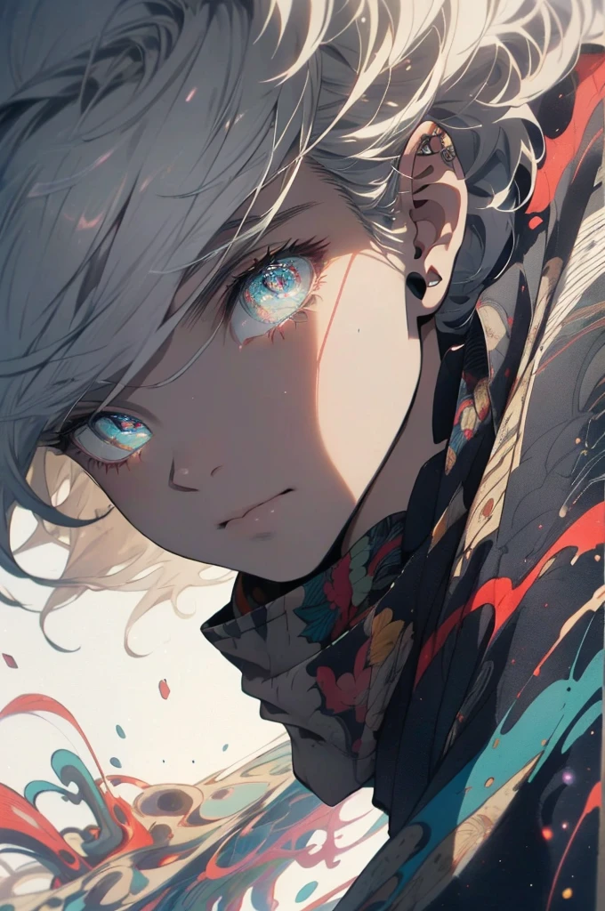 Realistic, (Masterpiece, Top Quality, Best Quality, Official Art, Beauty and Aesthetics: 1.2), Very Detailed, Fractal Art, Colorful, Most Detailed, Zentangle, (Abstract Background: 1.5) (1boy: 1.3), God, Blonde Hair, Short Hair, (Glowing Blue Eyes), Mysterious, (Magic), Starry Sky, Handsome Man, (((Lycoris radiata)))