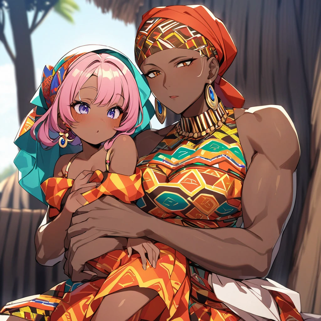 ((Highest quality)), ((masterpiece)), (detailed), (Perfect Face)、The woman is holding her baby daughter、The woman is Momo Belia Deviluke, a Ghanaian by birth, with a vibrant dark skin, and is wearing a vibrant Ghanaian dress, a vibrant headscarf, gorgeous jewellery and an engagement ring.、The woman is the elegant Momo Belia Deviluke, with short pink bob hair, a colorful Ghanaian dress, a colorful headscarf, and vivid dark brown skin. She is a natural-born black and Ghanaian.、(The woman is a black Ghanaian with vivid dark brown skin.)、The woman is seen in a Ghanaian village, cuddling with a dignified, muscular, bearded, middle-aged Ghanaian man.、The man is the woman's husband, a dignified, muscular, middle-aged Ghanaian with a beard, wearing colorful Ghanaian traditional clothing and wearing an engagement ring.、The woman is holding her baby daughter